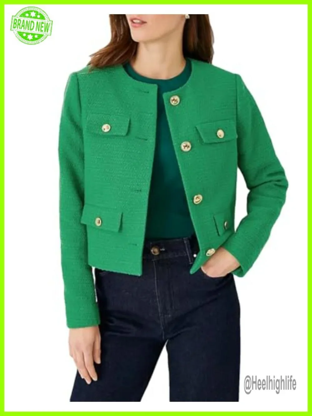 Cropped Tweed Blazer Jacket Collarless Women Business Casual Outfits